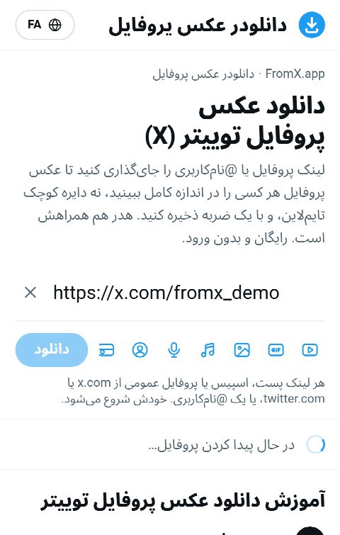 لینک پروفایل در کادر FromX.app جای‌گذاری شده و پروفایل در حال جست‌وجوست