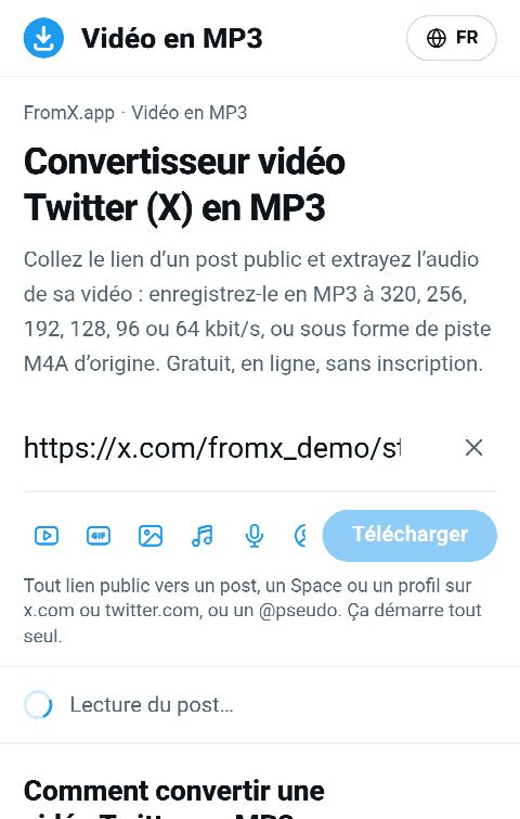 Le lien du post collé dans le champ de FromX.app pendant la recherche du son