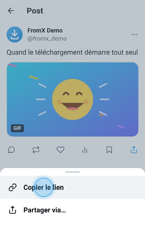 Un post avec un GIF sur X, le menu de partage ouvert et « Copier le lien » sélectionné