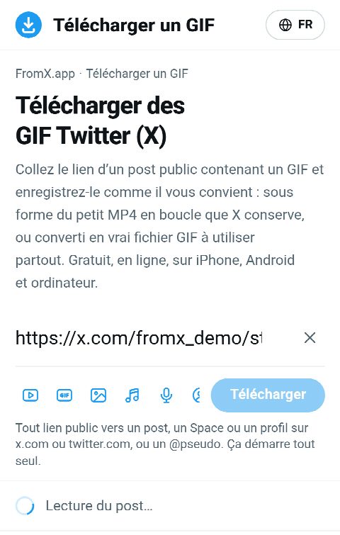 Le lien du post collé dans le champ de FromX.app pendant la recherche du GIF