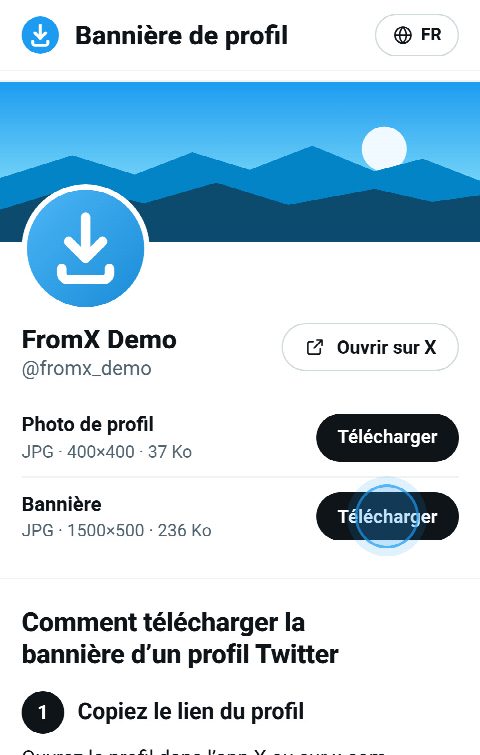 La carte du profil sur FromX.app avec la bannière en haut et son bouton « Télécharger »