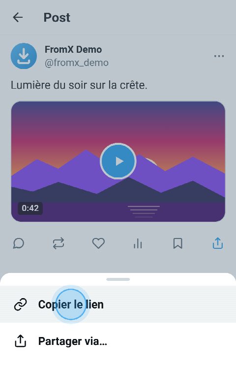Un post avec une vidéo sur X, le menu de partage ouvert et « Copier le lien » sélectionné