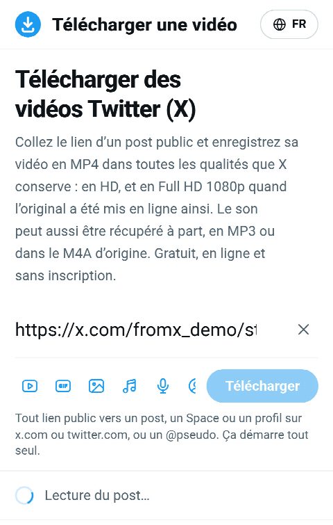 Le lien du post collé dans le champ de FromX.app pendant la recherche de la vidéo