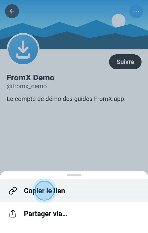 Un profil sur X, son menu ouvert et « Copier le lien » sélectionné
