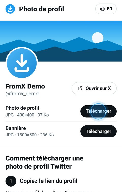 La carte du profil sur FromX.app avec les boutons « Télécharger » de la photo de profil et de la bannière