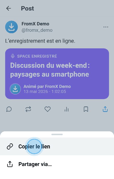 Un Space enregistré sur X, le menu de partage ouvert et « Copier le lien » sélectionné
