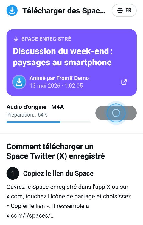 La carte du Space sur FromX.app pendant le rassemblement de l’enregistrement, la barre à 64 %