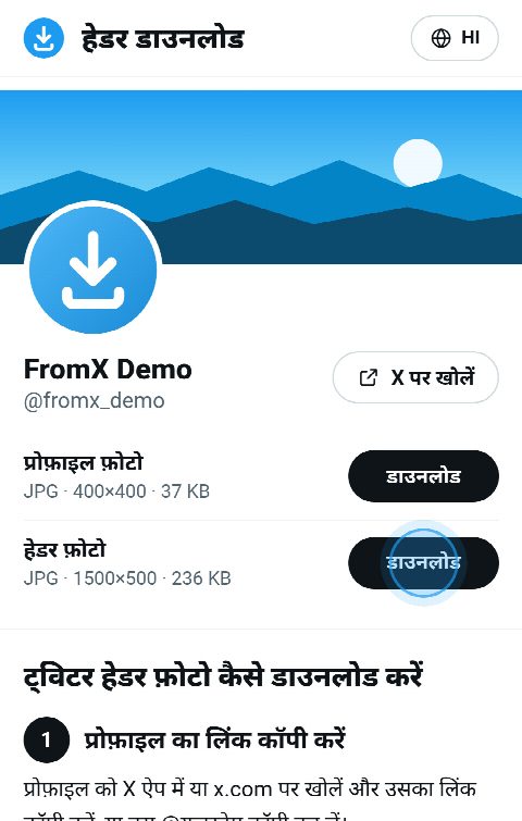 FromX.app पर प्रोफ़ाइल कार्ड, ऊपर हेडर फ़ोटो और उसके लिए “डाउनलोड” बटन