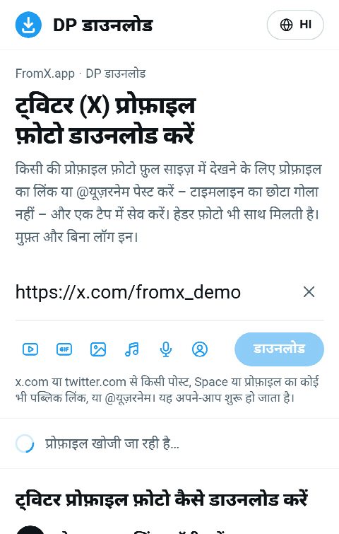 FromX.app के बॉक्स में प्रोफ़ाइल का लिंक पेस्ट किया गया है और प्रोफ़ाइल खोजी जा रही है