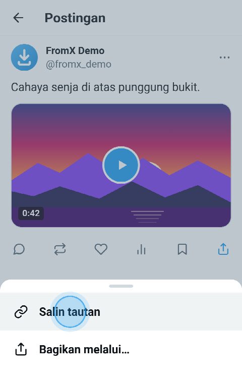 Postingan berisi video di X dengan menu bagikan terbuka dan “Salin tautan” dipilih