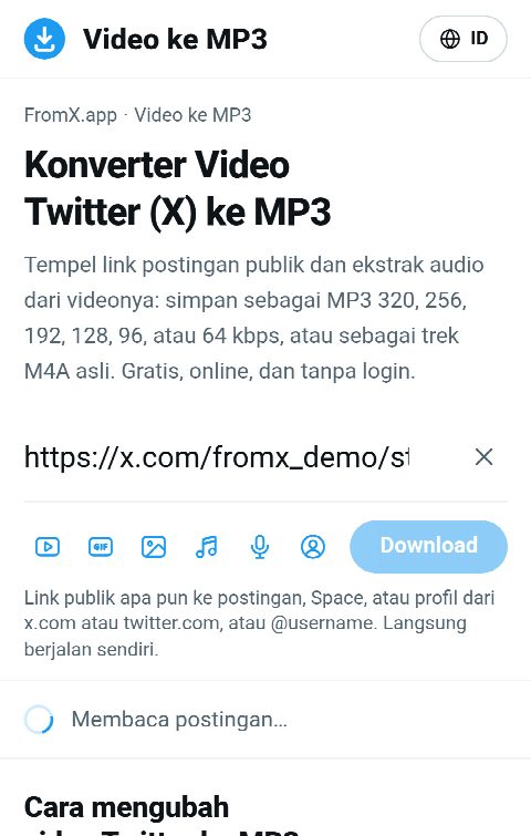 Link postingan ditempel di kolom FromX.app sementara suaranya dicari