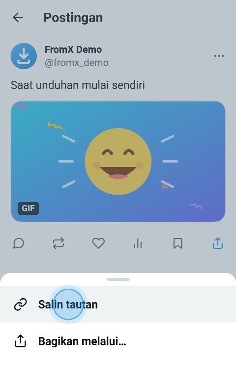 Postingan berisi GIF di X dengan menu bagikan terbuka dan “Salin tautan” dipilih