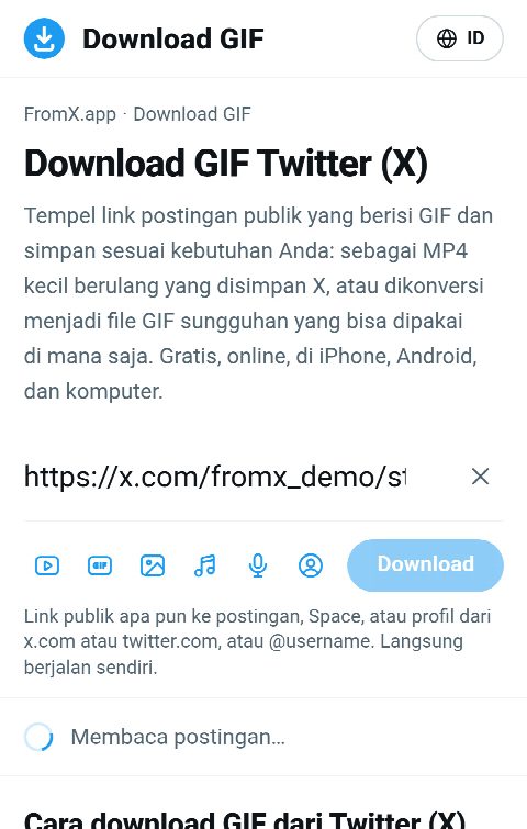 Link postingan ditempel di kolom FromX.app sementara GIF-nya dicari