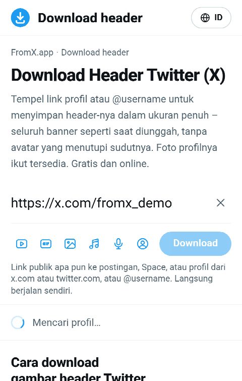 Link profil ditempel di kolom FromX.app sementara profilnya dicari