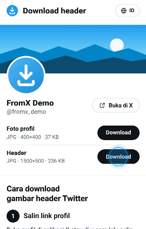 Kartu profil di FromX.app dengan header di bagian atas dan tombol “Download” untuknya