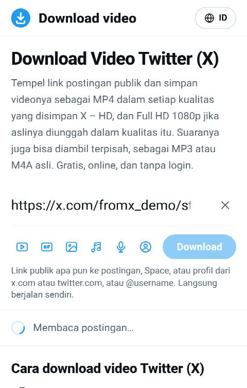 Link postingan ditempel di kolom FromX.app sementara videonya dicari