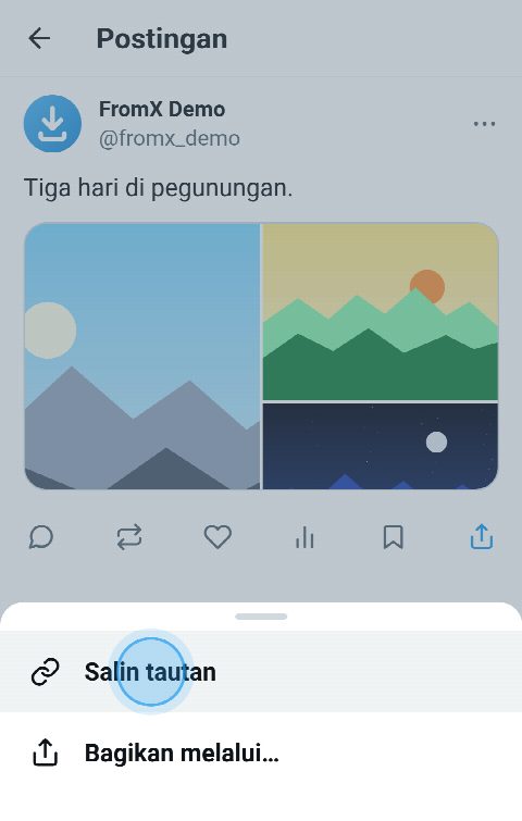 Postingan berisi tiga foto di X dengan menu bagikan terbuka dan “Salin tautan” dipilih