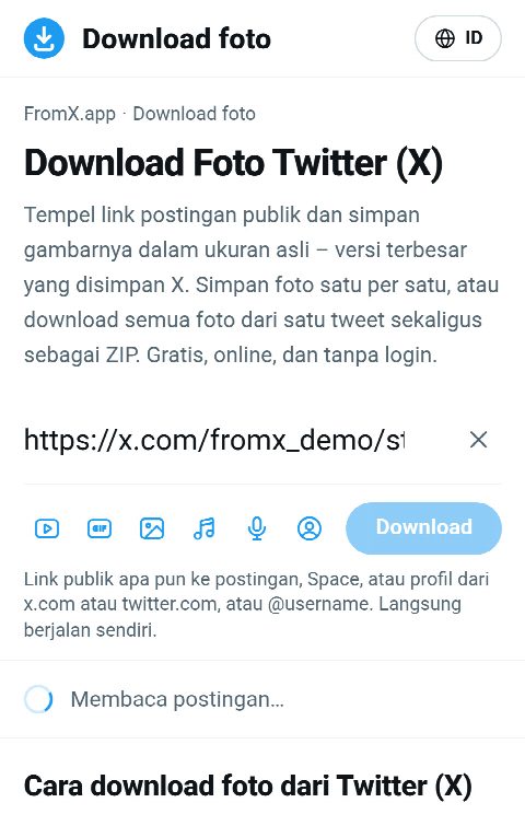 Link postingan ditempel di kolom FromX.app sementara fotonya dicari
