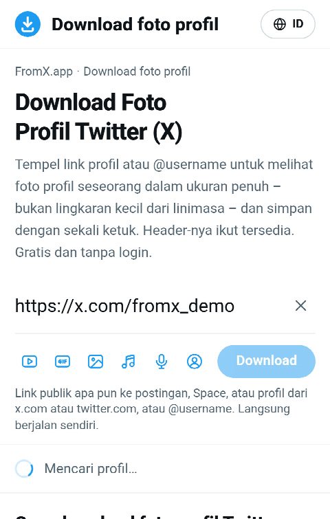 Link profil ditempel di kolom FromX.app sementara profilnya dicari