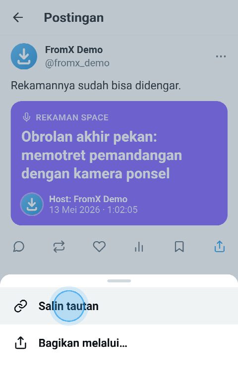 Space yang direkam di X dengan menu bagikan terbuka dan “Salin tautan” dipilih