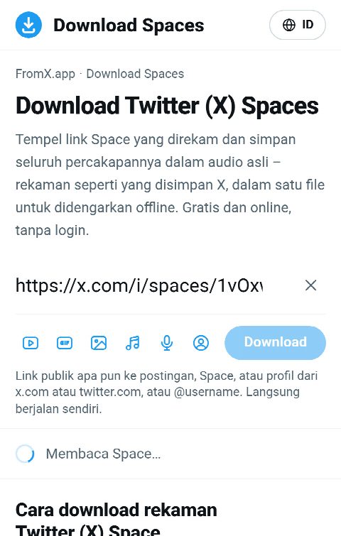 Link Space ditempel di kolom FromX.app sementara rekamannya dicari