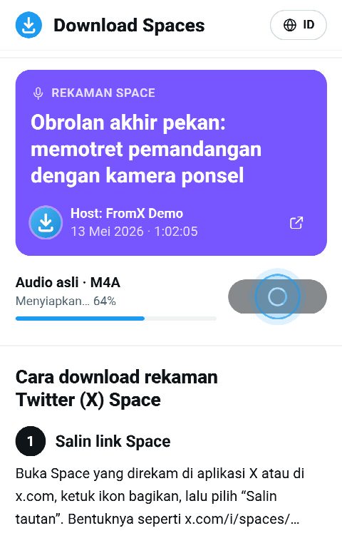 Kartu Space di FromX.app saat rekaman sedang disusun, dengan bilah di 64%
