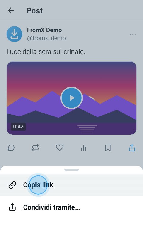 Un post con un video su X, con il menu di condivisione aperto e «Copia link» selezionato