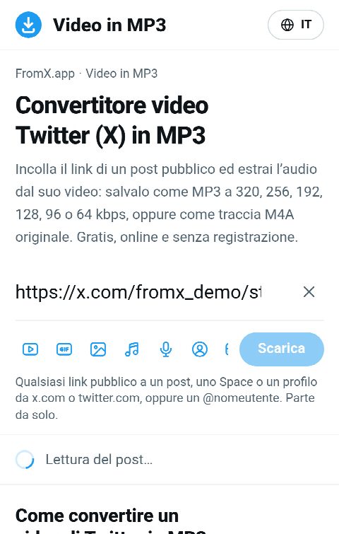Il link del post incollato nel campo di FromX.app mentre si cerca l’audio