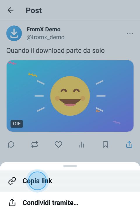 Un post con una GIF su X, con il menu di condivisione aperto e «Copia link» selezionato