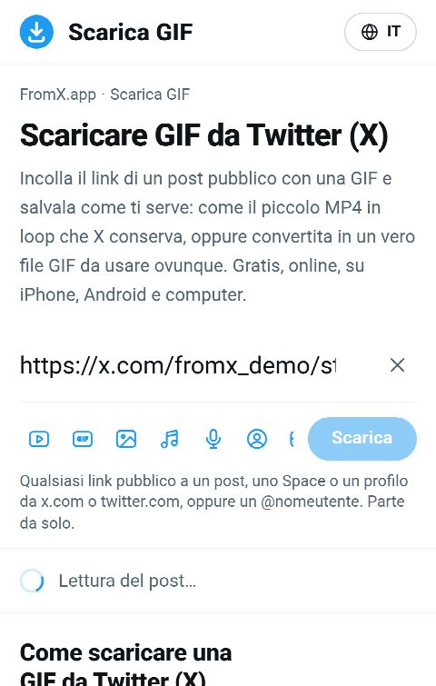 Il link del post incollato nel campo di FromX.app mentre si cerca la GIF