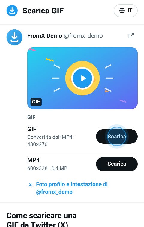 La scheda della GIF su FromX.app con i pulsanti per la GIF animata e per l’MP4