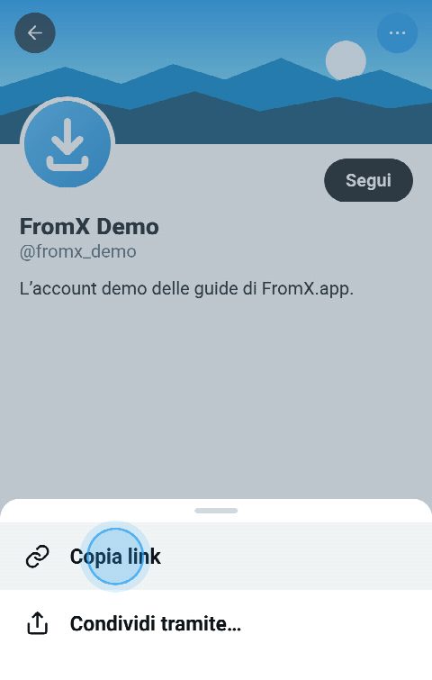 Un profilo su X con il menu aperto e «Copia link» selezionato