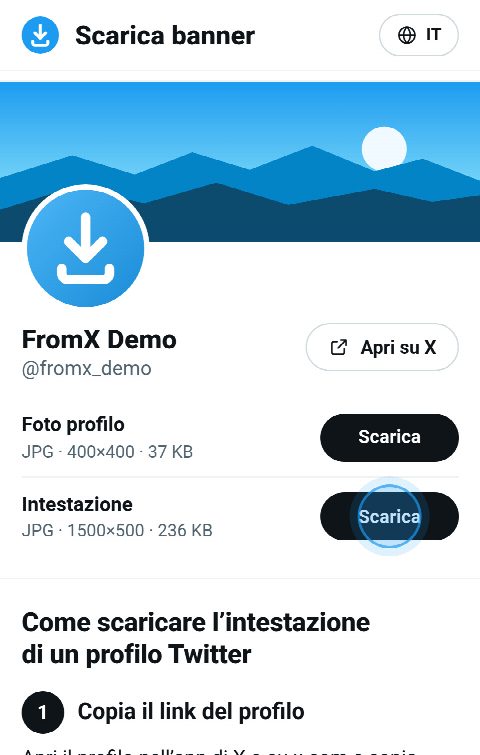 La scheda del profilo su FromX.app con l’intestazione in alto e il suo pulsante «Scarica»