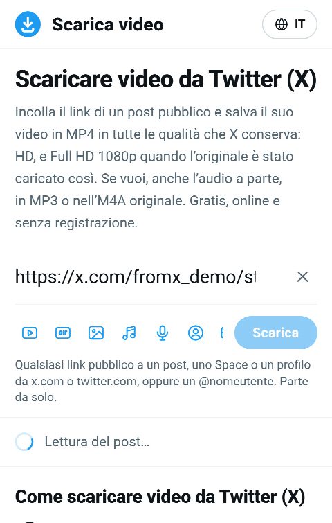 Il link del post incollato nel campo di FromX.app mentre si cerca il video