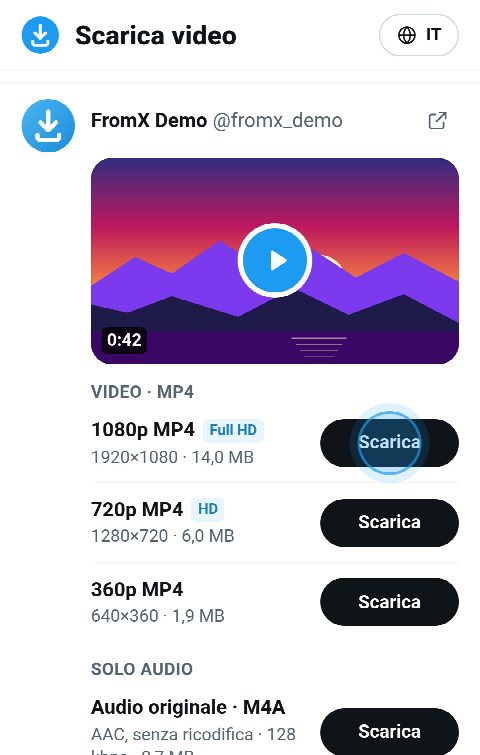 La scheda del video su FromX.app con i pulsanti MP4 in 1080p, 720p e 360p
