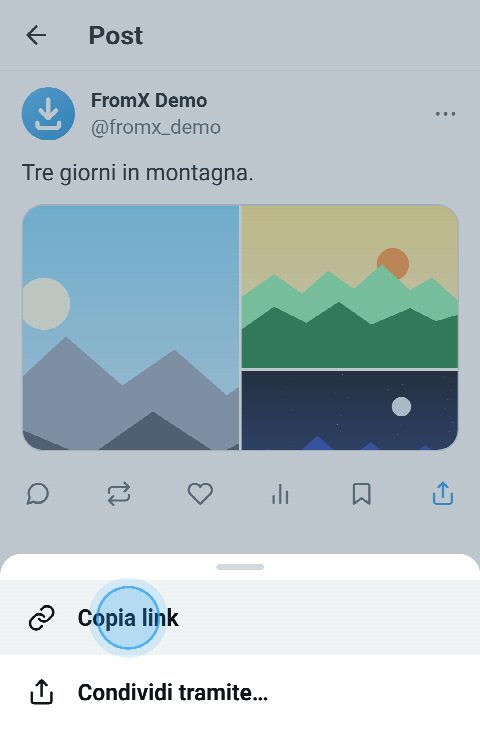 Un post con tre foto su X, con il menu di condivisione aperto e «Copia link» selezionato
