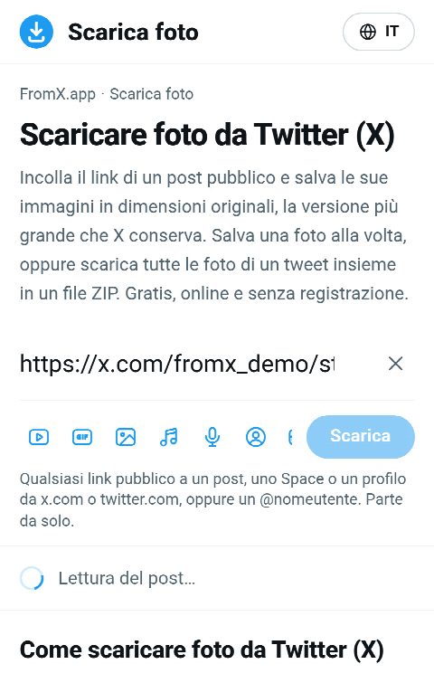 Il link del post incollato nel campo di FromX.app mentre si cercano le foto
