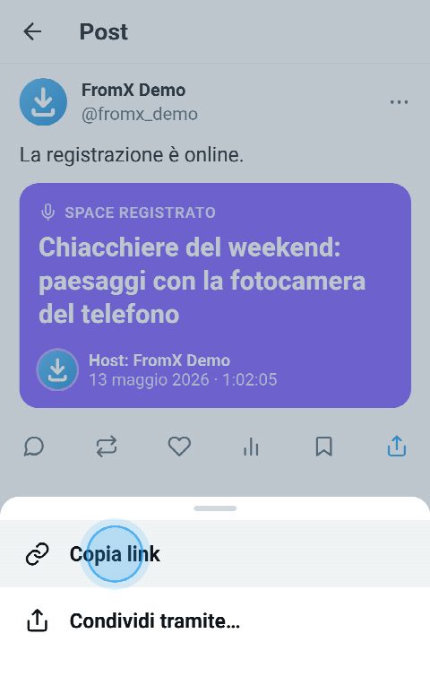 Uno Space registrato su X, con il menu di condivisione aperto e «Copia link» selezionato