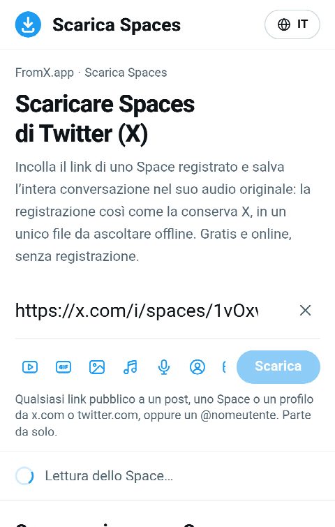 Il link dello Space incollato nel campo di FromX.app mentre si cerca la registrazione