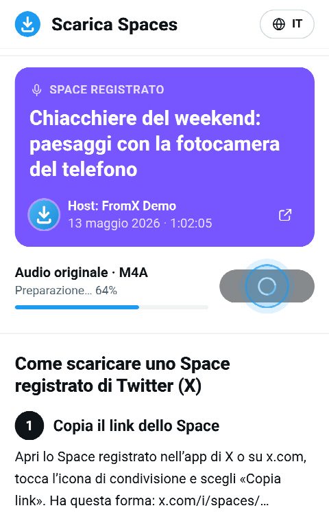 La scheda dello Space su FromX.app mentre la registrazione viene ricomposta, con la barra al 64%