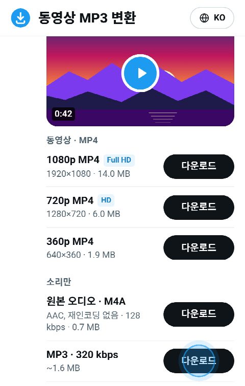 FromX.app에서 동영상의 소리가 원본 M4A와 320 kbps MP3로 표시된 모습