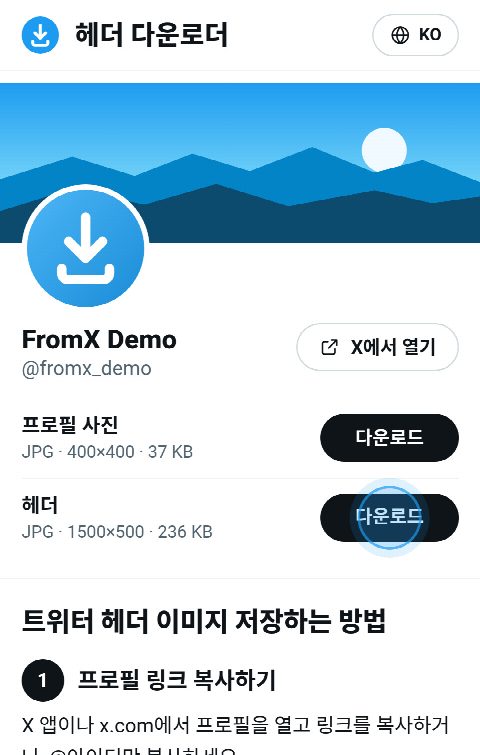 FromX.app의 프로필 카드 맨 위에 헤더가 있고 그 옆에 “다운로드” 버튼이 있는 모습