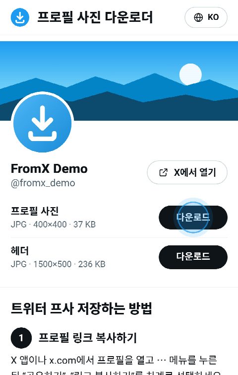 FromX.app의 프로필 카드에 프로필 사진과 헤더의 “다운로드” 버튼이 있는 모습