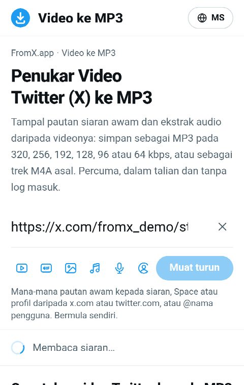Pautan siaran ditampal dalam medan FromX.app semasa bunyi sedang dicari