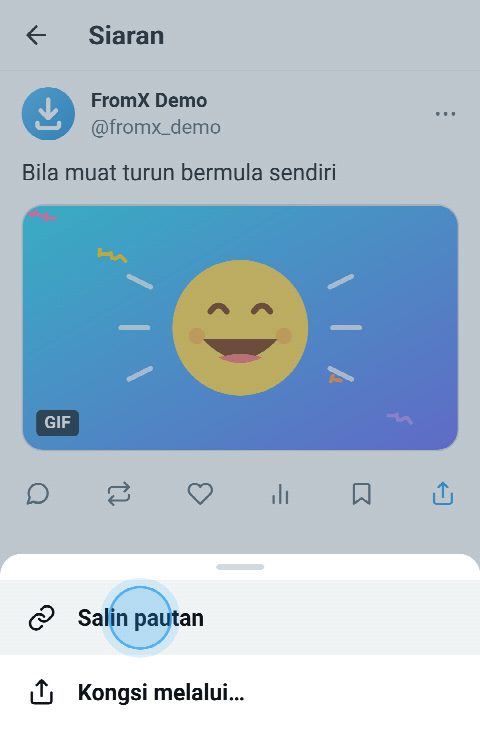 Siaran dengan GIF di X, menu kongsi dibuka dan “Salin pautan” dipilih