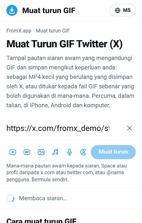 Pautan siaran ditampal dalam medan FromX.app semasa GIF sedang dicari