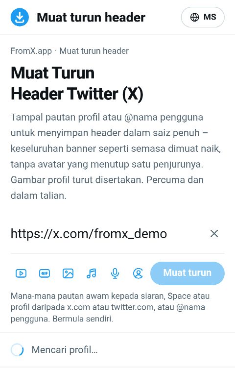 Pautan profil ditampal dalam medan FromX.app semasa profil sedang dicari