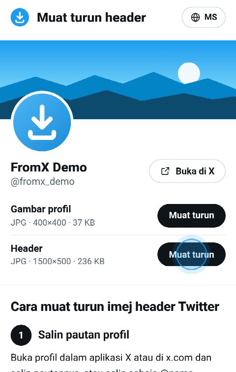 Kad profil di FromX.app dengan header di bahagian atas dan butang “Muat turun” untuknya