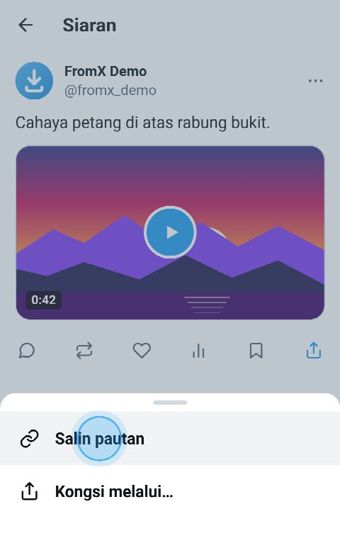 Siaran dengan video di X, menu kongsi dibuka dan “Salin pautan” dipilih