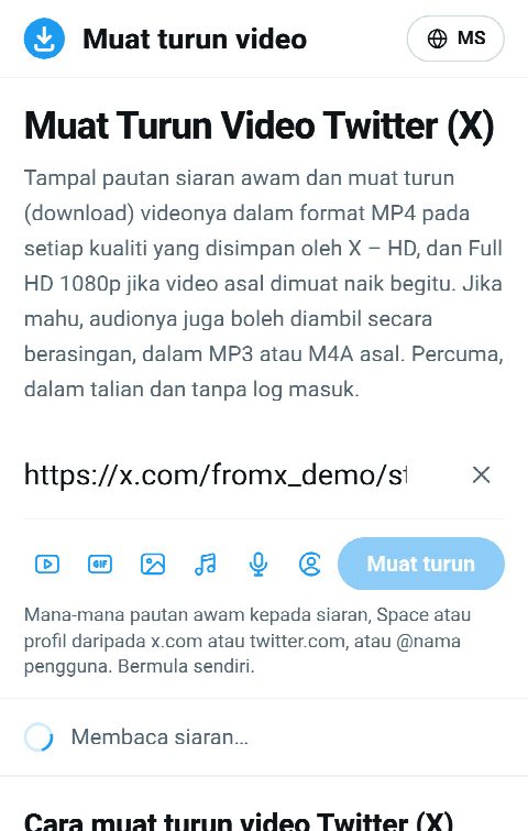 Pautan siaran ditampal dalam medan FromX.app semasa video sedang dicari
